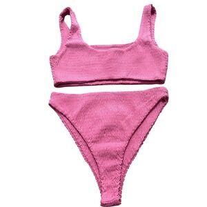 Naked Wardrobe Swim Pink Smocked Bikini Set High Cut Scoop Neck Two Piece XL